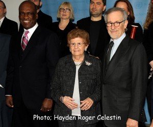 L-to-R, Mr. John W. Ashe of Antigua and Barbuda, and President of the General Assembly’s sixty-eighth session, pose with Holocaust survivor Ms Rena Finder, and Mr. Steven Spielberg, in a photo-up, Monday January 27, 2014, at the United Nations Headquarters, New York, before the start of the Memorial Ceremony, to mark the International Day of Commemoration in Memory of the Victims of the Holocaust on the theme "Journey through the Holocaust." Photo: Hayden Roger Celestin