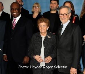 L-to-R, Mr. John W. Ashe of Antigua and Barbuda, and President of the General Assembly’s sixty-eighth session, pose with Holocaust survivor Ms Rena Finder, and Mr. Steven Spielberg, in a photo-up, Monday January 27, 2014, at the United Nations Headquarters, New York, before the start of the Memorial Ceremony, to mark the International Day of Commemoration in Memory of the Victims of the Holocaust on the theme "Journey through the Holocaust." Photo: Hayden Roger Celestin