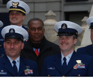 Premier Vance Amory with U.S. Coast Guard officers at the Hamilton Birthday Event on Jan. 10, 2014. 