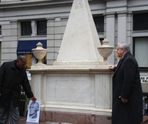 Premier of Nevis Vance Amory, l., and Doug Hamilton, a direct descendant of Alexander Hamilton at the monument re dedication in NYC on Jan. 10, 2014.  