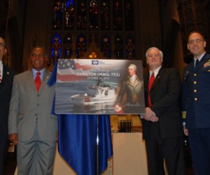 Premier of Nevis  Vance Winkworth Amory, 2nd from l, with Coast Guard Capt. Loebl, Commander of Sector New York of the US Coast Guard, far. r. (Arthur Piccolo image)