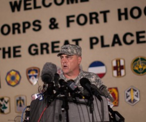 Lt. Gen. Mark Milley, commanding general of III Corps and Fort Hood, speaks with the media outside the military base on Wednesday, April 2, 2014. AP Photo/Tamir Kalifa