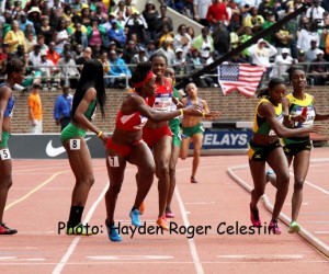 Carrie Russell, Kerron Stewart, Anneisha McLaughin and Trisha-Ann Hawthorne took the win for Jamaica in the USA vs. the World Women 4x100 race at the 120th running on the Penn Relays on April 26, 2014.