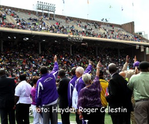 Jamaicans celebrate with 'The Lightning Bolt' at the 120th running of the Penn Relays. 