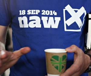 A campaigner against Scottish independence wears a T-shirt reading "18 Sep 2014: naw"