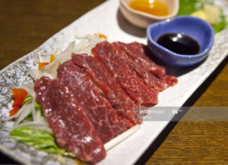 Horse-meat sashimi, raw horse meat dish.